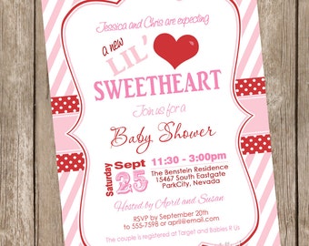 A new little sweetheart is on the way baby shower invitations, valentine's day shower invite, pink and red stripe party cards, heart invite