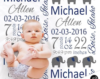 Birth stats baby blanket, personalized elephant blanket, boy stats blanket, boy baby blanket, elephant baby shower gift, birth stats gift