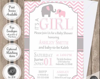 Elephant baby shower invitation, pink elephant baby shower invite, baby girls chevron baby shower cards, elephant theme party shower cards