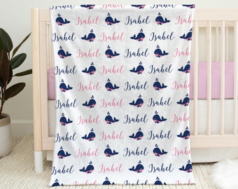 Baby girl whale name blanket, whale swaddle blanket, boy or girl personalized baby whale gift, newborn pink navy nautical swaddle blanket