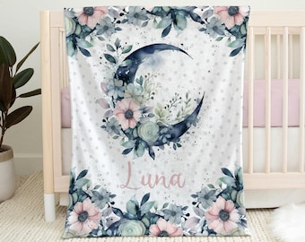 Couverture personnalisée avec prénom pour bébé, fleurs de lune, cadeau d'emmaillotage pour fille, cadeau de lune pour baby shower, fleurs roses et lune