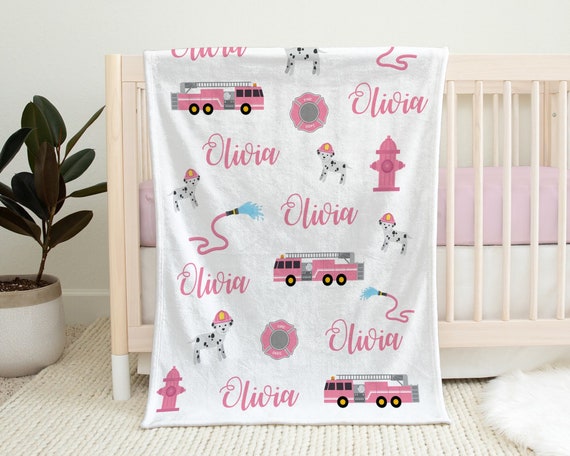 Pink girl fire truck blanket, firefighter personalized blanket, fireman name blanket, firetruck baby gift, personalized swaddle name blanket Il_570xn