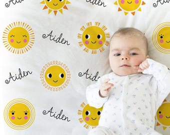 Personalized sunshine baby name blanket, newborn sun personalized gift for boy or girls, summer sun blanket, toddler, big kid size