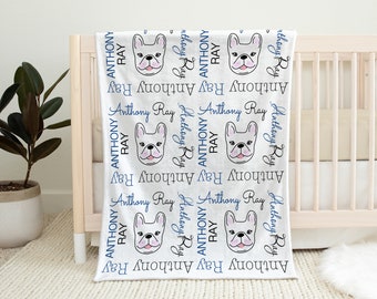 French bulldog baby boy blanket, french bulldog personalized baby name blanket, newborn puppy dog swaddle, frenchie baby gift, bulldog gift