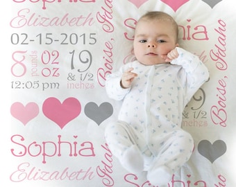 Personalized Baby Stats Blanket - Pink and Gray Hearts Newborn Gift