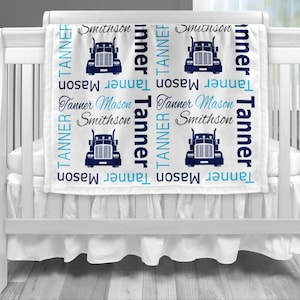 Big rig baby blanket, boy diesel baby gifts, trucker theme, truck driver name blanket, custom personalized baby, toddler or big kids blanket