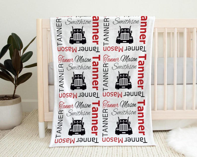 Personalized Big Rig Baby Blanket: Trucker Newborn Name Swaddle image 2