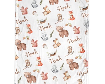 Personalized Baby Blanket: Woodland Animals - Bear, Fox, Owl Forest Theme Nursery