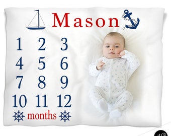 Nautical milestone photo baby blanket-personalized baby gift, boy blue anchor blanket, monthly milestone baby blanket, baby growth blanket