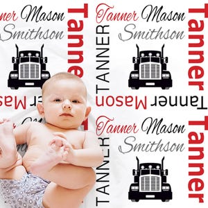 Personalized Big Rig Baby Blanket: Trucker Newborn Name Swaddle image 1