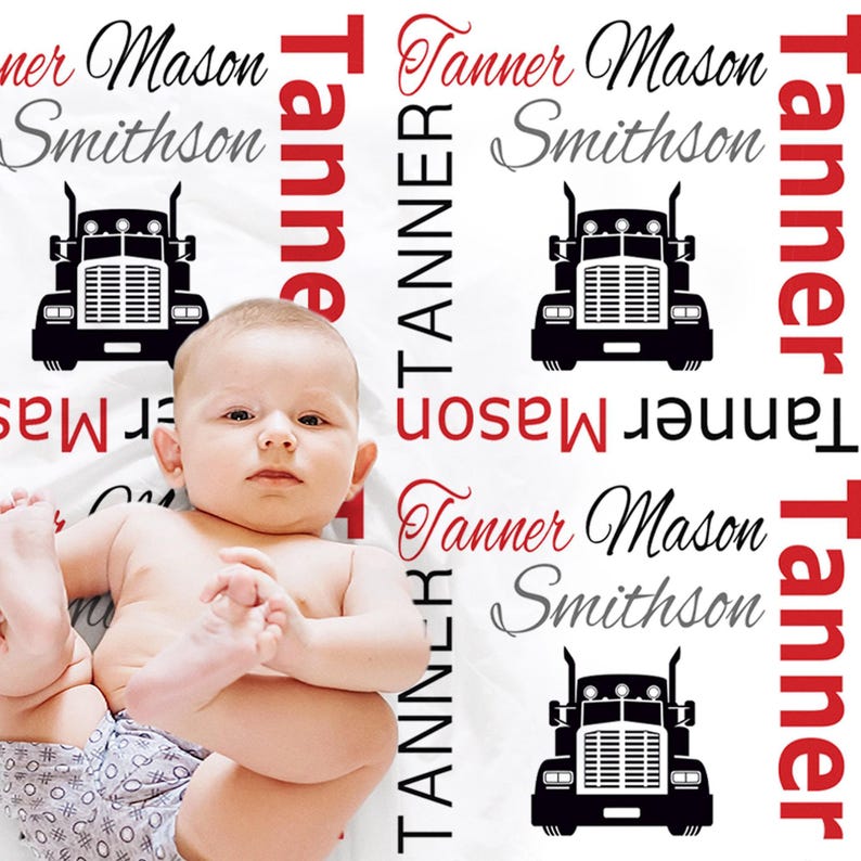 Personalized Big Rig Baby Blanket: Trucker Newborn Name Swaddle image 1