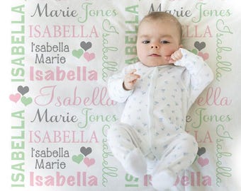 Hearts personalized baby name blanket, girls pink and mint heart newborn blanket, hearts swaddle blanket, heart baby gift (CHOOSE COLORS)