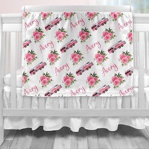 Fire truck blanket, pink flowers, girl fire fighter personalized blanket, firetruck baby gift, fireman personalized blanket, pink firetruck afbeelding 1