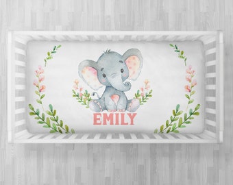 Personalized elephant crib sheet pink flowers custom fitted crib sheet baby name elephant crib sheet with baby name, fitted crib sheet