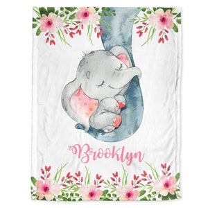 Girl Elephant Baby Blanket Personalized Cute Baby Elephant with Pink Flowers Baby Name Blanket Safari Animal