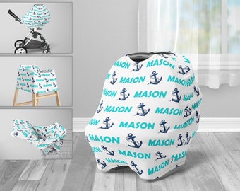 Nautical baby car seat canopy cover, boy anchor gift, newborn boy custom infant name seat cover, personalized anchor nursing privacy cover,