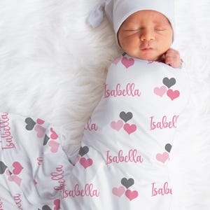 Hearts Name Blanket in pink and gray for Baby Girl, personalized baby gift, blanket, baby blanket, personalized swaddle blanket