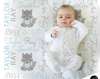 Fox baby blanket in blue and gray, fox personalized name swaddle blanket, foxes newborn baby boy or girl gift, blanket with cute fox