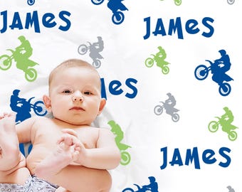 Personalized Motocross Baby Blanket, Custom Name Dirt Bike Swaddle, Baby Boy Newborn Gift, Motorcycle Nursery Decor, Choose Colors