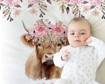 Cow baby swaddle blanket, farm pink cow baby girls name blanket with flowers, personalized girl floral farm blanket, newborn highland cow