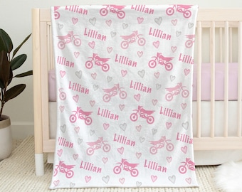Dirt Bike name blanket, pink girl personalized blanket, motorcycle baby gift, personalized swaddle motocross blanket