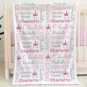 Baby unicorn name blanket, personalized unicorns swaddle blanket, pink newborn baby girl blanket with unicorn, unicorn lashes baby gift