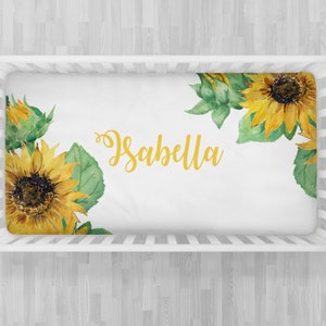 Sunflower baby crib sheet, personalized sunflower newborn fitted sheet, girl sunflower baby gift with baby name, watercolor sunflower baby image 1