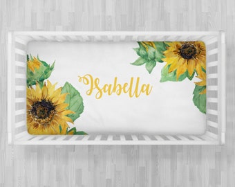 Sunflower baby crib sheet, personalized sunflower newborn fitted sheet, girl sunflower baby gift with baby name, watercolor sunflower baby