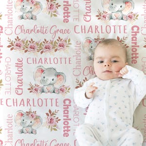 Personalized Elephant Flowers Baby Name Blanket Pink girl blanket with elephant gift for baby shower newborn baby swaddle elephant flowers