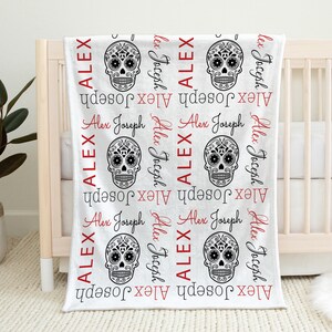 Sugar skull baby blanket, newborn sugar skulls boy name blanket, personalized skull baby gift, sugar skull baby swaddle, (CHOOSE COLORS)