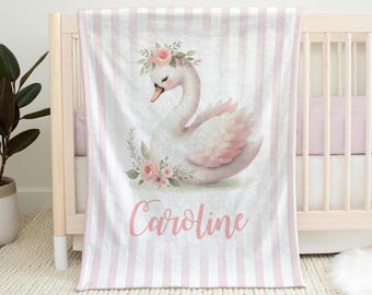 Personalized Baby Blanket: Swan and Flowers (Pink, Newborn, Toddler, Kids)