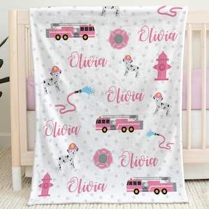 Personalized Pink Firetruck Baby Name Blanket