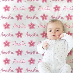 Pink flowers baby blanket with name, personalized newborn floral blanket, baby girl shower gift, swaddle blanket with flowers, pink