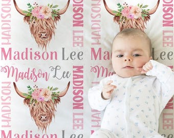 Pink highland cow baby name blanket with flowers, personalized girl floral farm gift, girly newborn or toddler