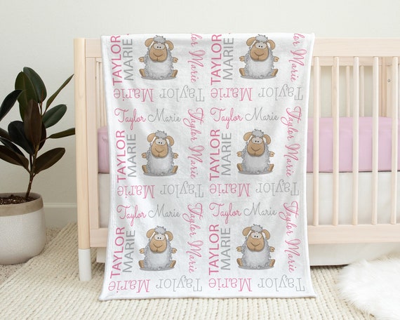 Lamb baby newborn blanket girl personalized sheep name blanket pink and gray sheep swaddle blanket lamb sheep baby gift CHOOSE COLORS by Modern Beautiful Catch My Party