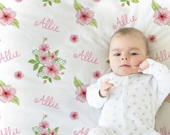 Manta de bebé personalizada con diseño de flor de cerezo para niña, regalo floral para recién nacida en rosa y lima con nombre, para niños pequeños o grandes (ELIGE COLORES)