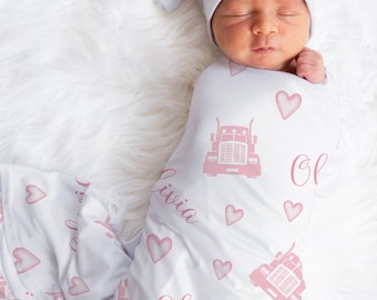 Pink trucker newborn swaddle blanket, jersey semi truck swaddle blanket with name, personalized baby girl diesel gift, pink big rig blanket