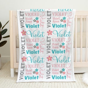 Flower baby girl name blanket, personalized floral swaddle blanket, salmon and aqua newborn swaddle blanket, baby girl gift with flowers image 1