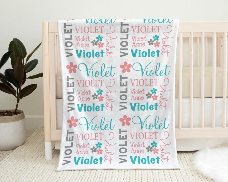 Flower baby girl name blanket, personalized floral swaddle blanket, salmon and aqua newborn swaddle blanket, baby girl gift with flowers image 1