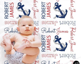 Manta de bebé personalizada náutica, manta con nombre de ancla para recién nacido, regalo de bebé con ancla náutica, manta de ancla, niño o niña (ELIGE COLORES)