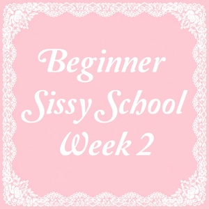 May include: A pink background with white text that reads "Beginner Sissy School Week 2." The text is in a decorative font. The border is white lace with floral accents.