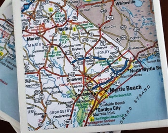 SC Map Coasters...Including Myrtle Beach and Charleston...Set of 4...Full Cork Bottoms...Great Gift