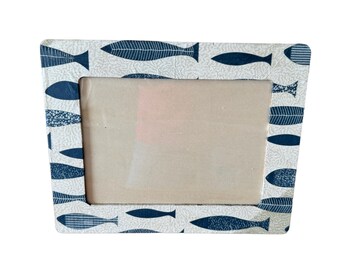 Picture Frame, 5 x 7, Blue and White Fish Design, Decoupaged on wood, Set of 2, Great Gift