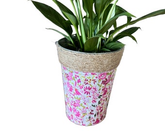 Pink floral Planter, Decoupaged, Jute trim, Galvanized, tin, Great gift
