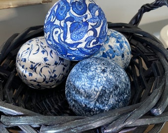 4 - 4” Chinoiserie Orbs, Spheres, Rag Balls, Blue & White, Decoupaged, Centerpiece, Hostess Gift