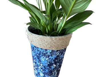 Planter, Blue and White, Decoupage on Galvanized Tin, Hostess Gift