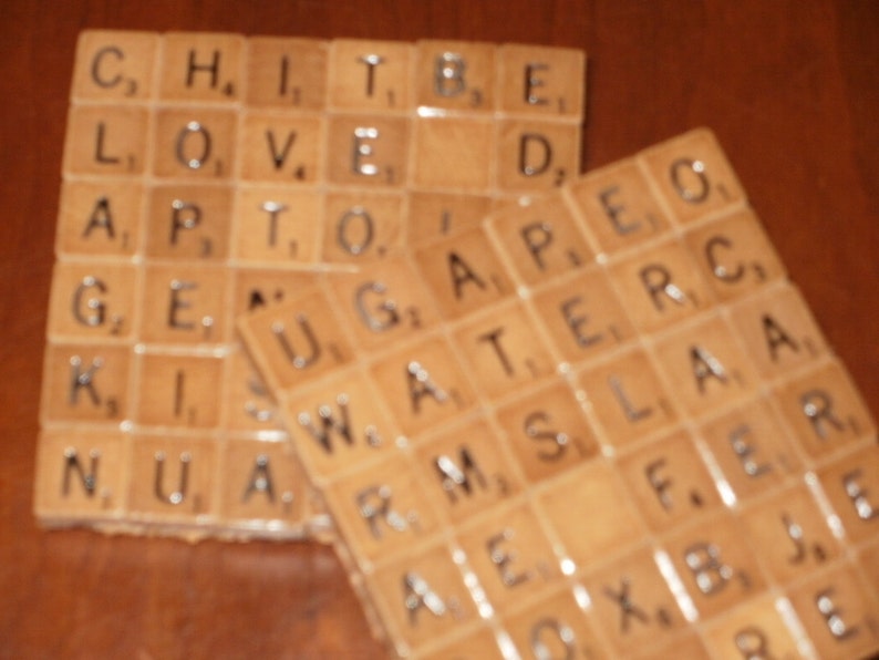 Pair Mini Scrabble Tile Coasters...Rare Mini Wood Scrabble Tiles on Cork Bottom...FREE SHIPPING image 1