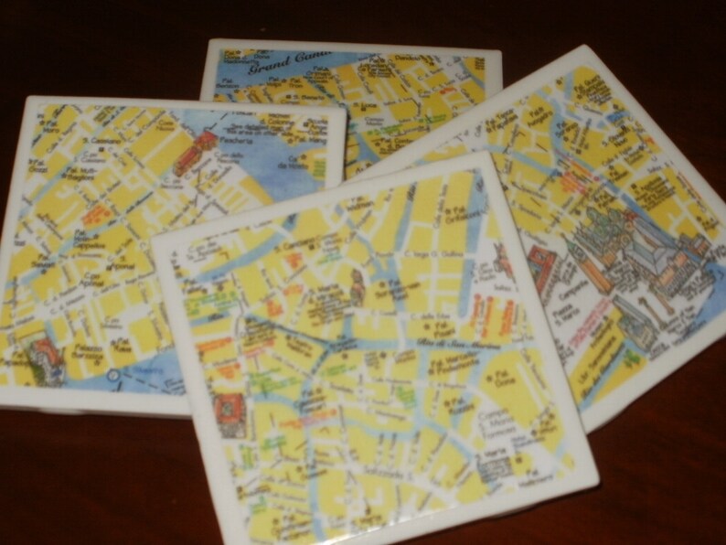 Map Coasters Venice Map Coasters...Set of 4...For Drinks and Candles...Full Cork Bottoms NOT Felt image 1