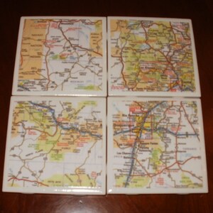 Map Coasters New Mexico Map Coasters...Including Albuquerque and Sante Fe...Set of 4...Full Cork Bottoms...For Drinks, Coffee or Wine image 3