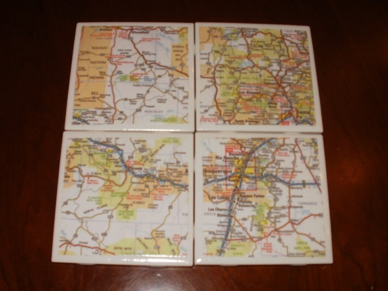 Map Coasters New Mexico Map Coasters...Including Albuquerque and Sante Fe...Set of 4...Full Cork Bottoms...For Drinks, Coffee or Wine image 3